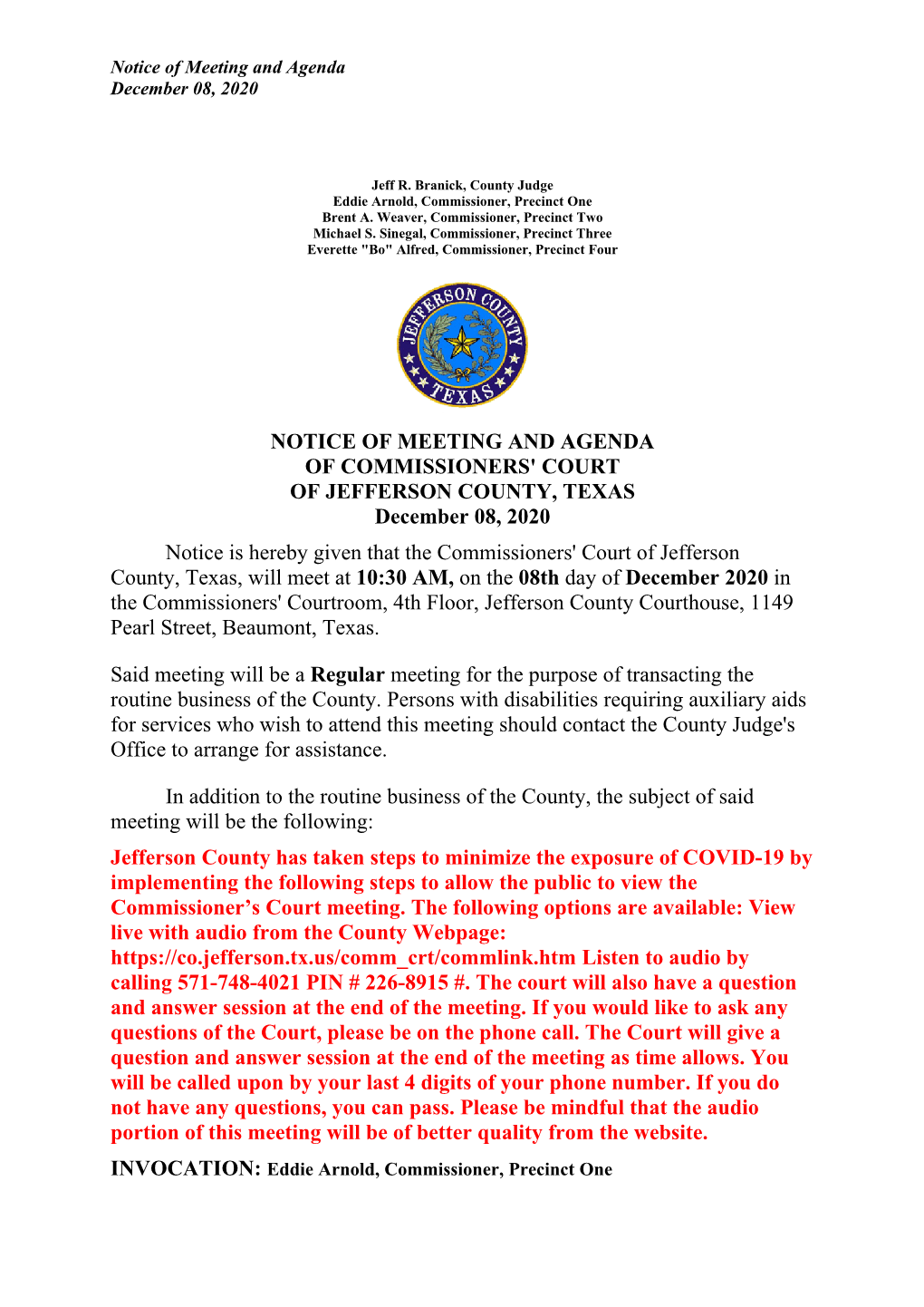 Notice of Meeting and Agenda of Commissioners' Court Of