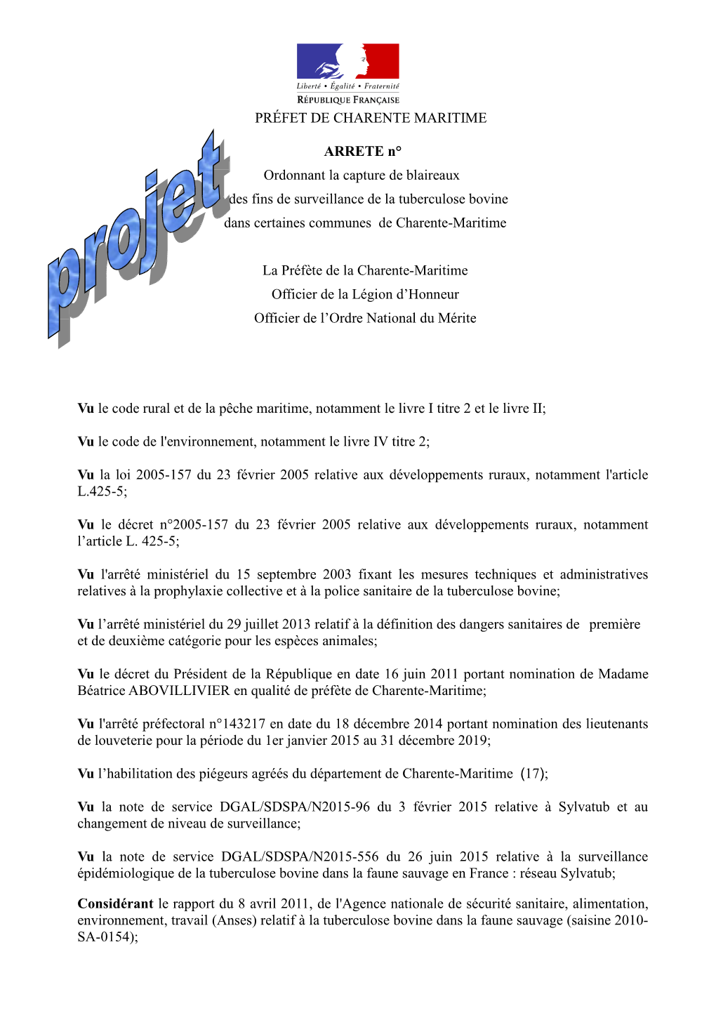 02 Projet Arrêté Préfectotal Sylvatub (Département De Niveau 2) V2015