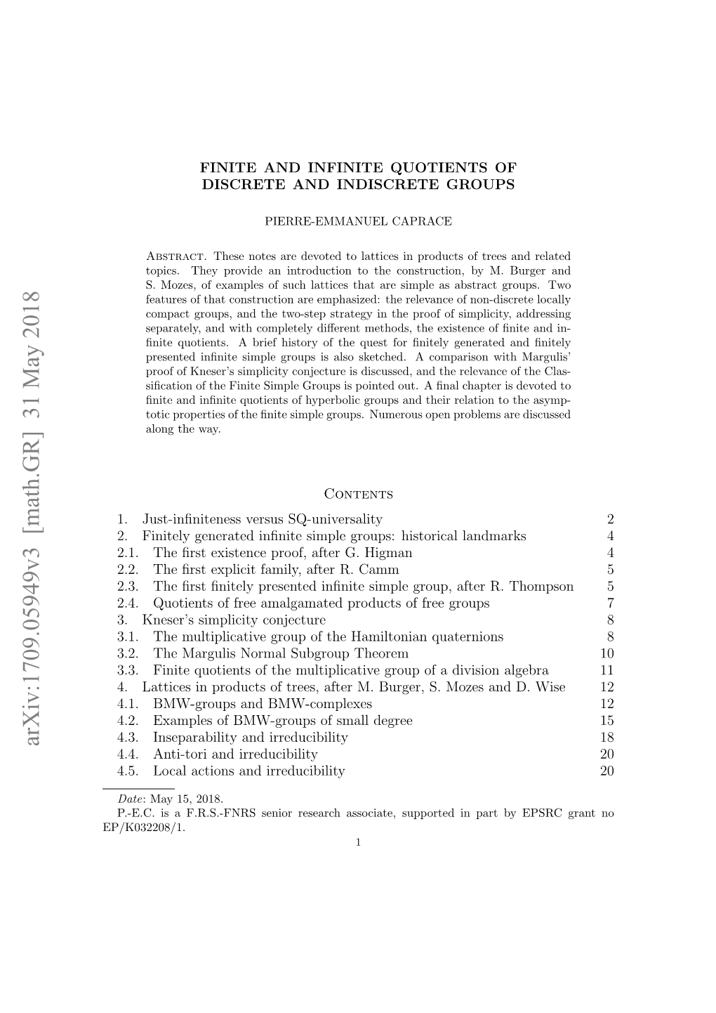 Arxiv:1709.05949V3 [Math.GR] 31 May 2018 4.4