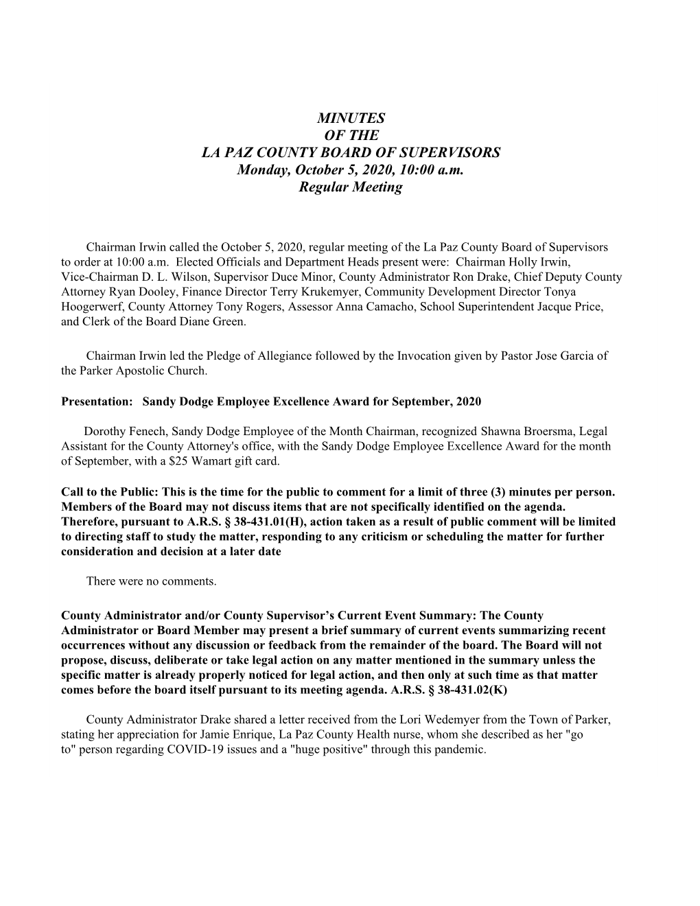 MINUTES of the LA PAZ COUNTY BOARD of SUPERVISORS Monday, October 5, 2020, 10:00 A.M