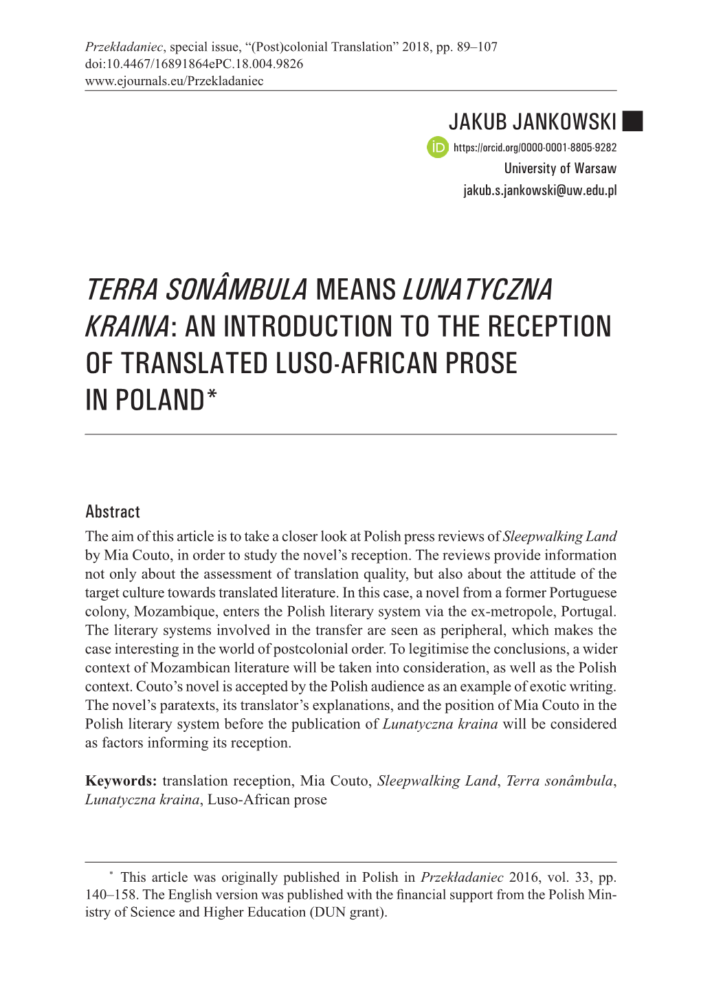 Terra Sonâmbula Means Lunatyczna Kraina: an Introduction to the Reception of Translated Luso-African Prose in Poland*