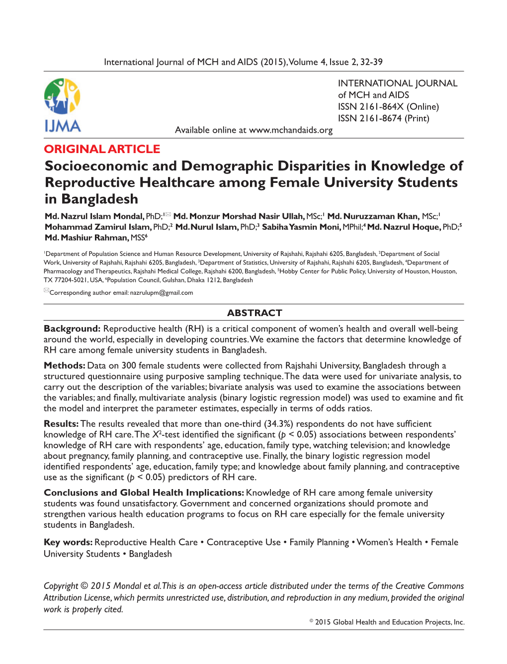 Socioeconomic and Demographic Disparities in Knowledge of Reproductive Healthcare Among Female University Students in Bangladesh Md