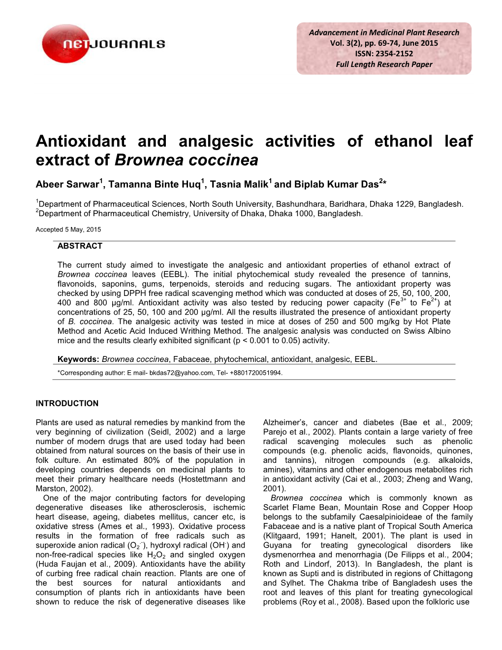 Antioxidant and Analgesic Activities of Ethanol Leaf Extract of Brownea Coccinea