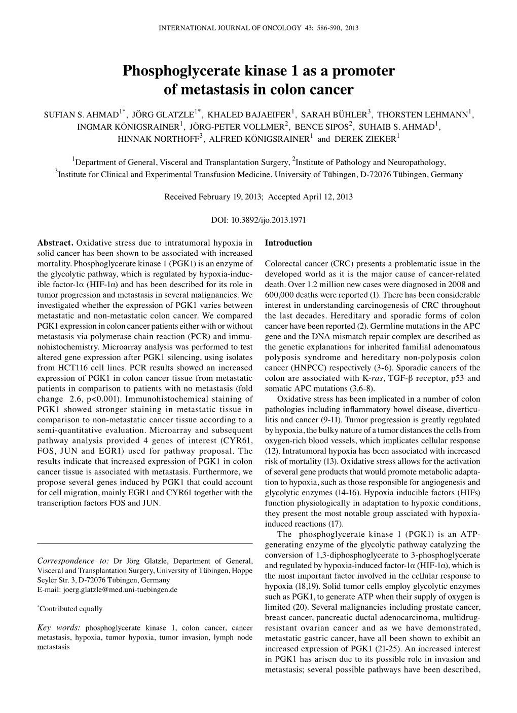 Phosphoglycerate Kinase 1 As a Promoter of Metastasis in Colon Cancer