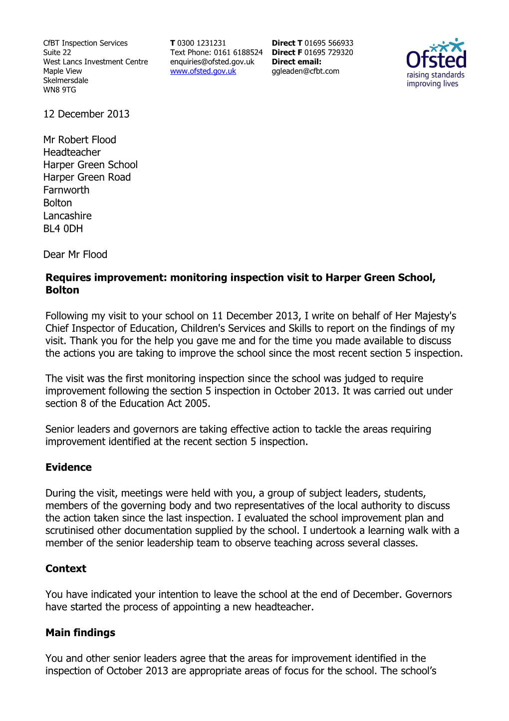 12 December 2013 Mr Robert Flood Headteacher Harper Green School