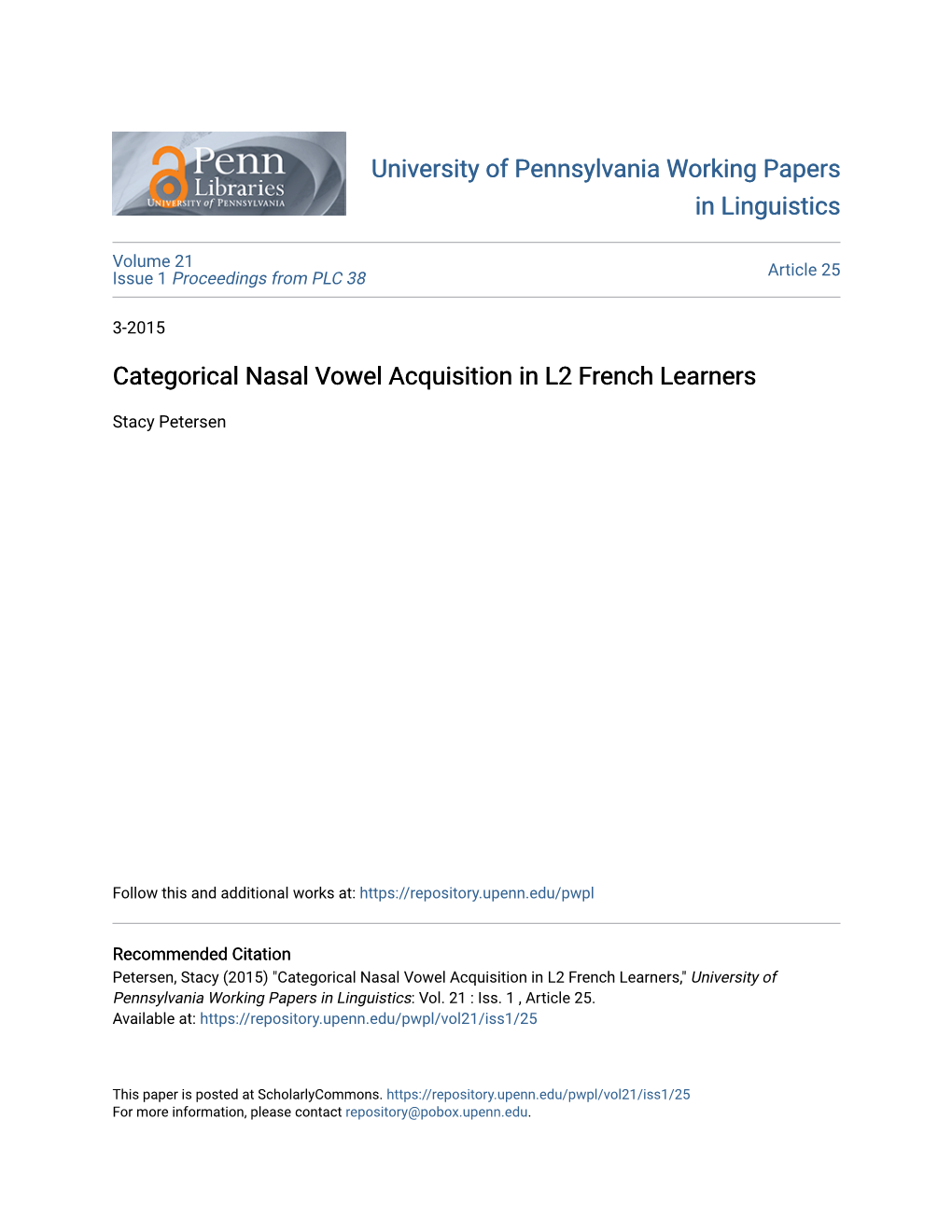 Categorical Nasal Vowel Acquisition in L2 French Learners