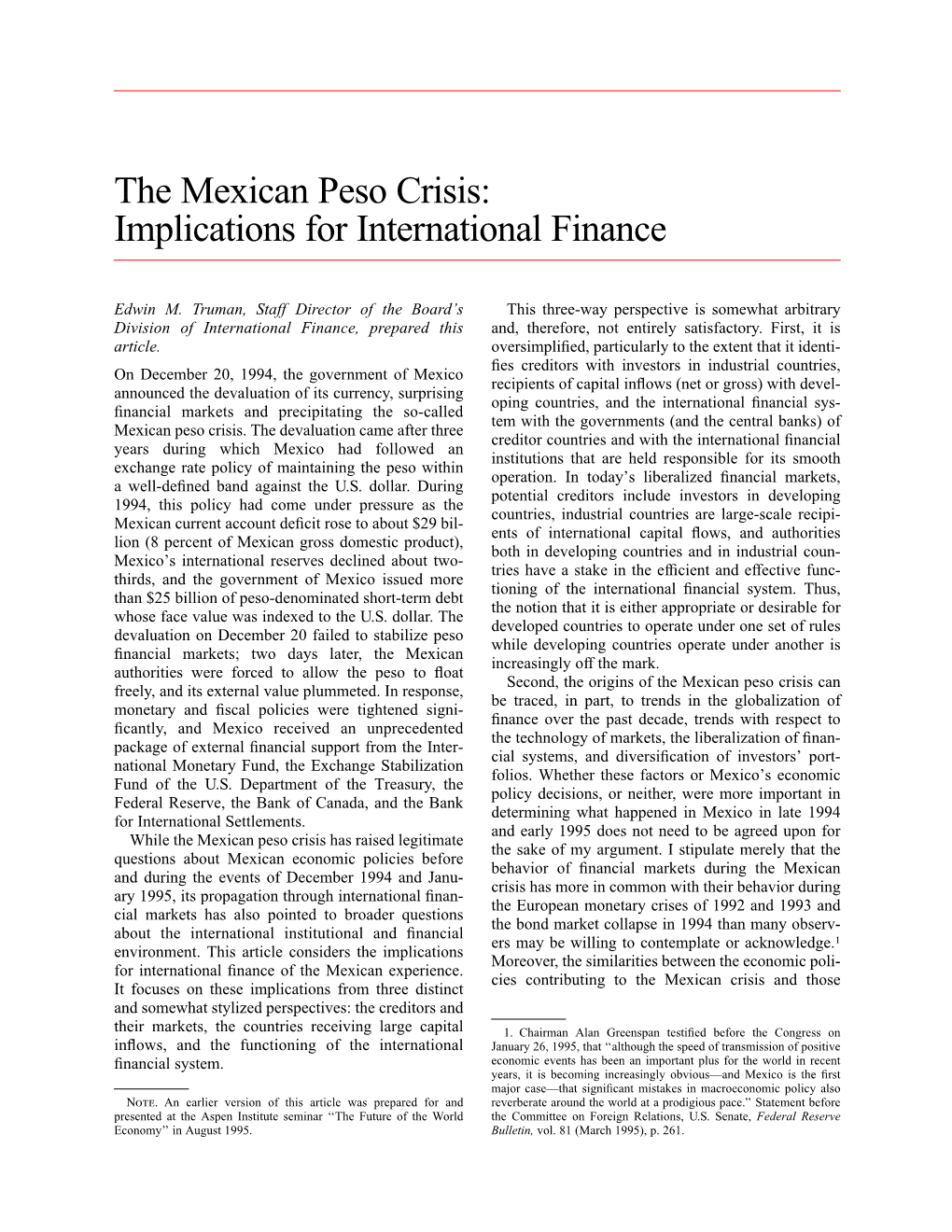 The Mexican Peso Crisis: Implications for International Finance