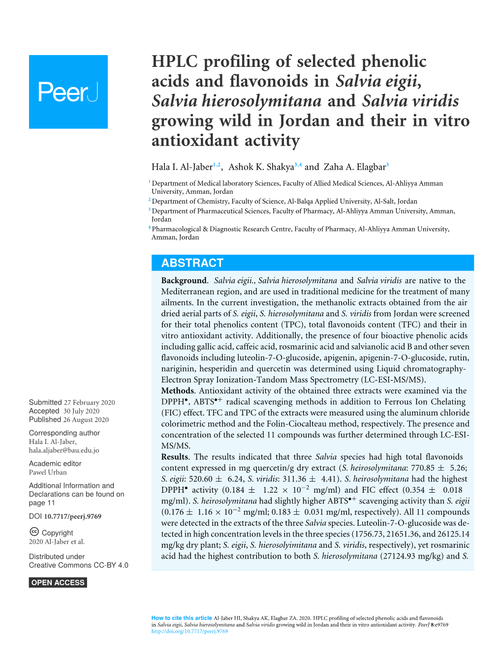 HPLC Profiling of Selected Phenolic Acids and Flavonoids in Salvia Eigii