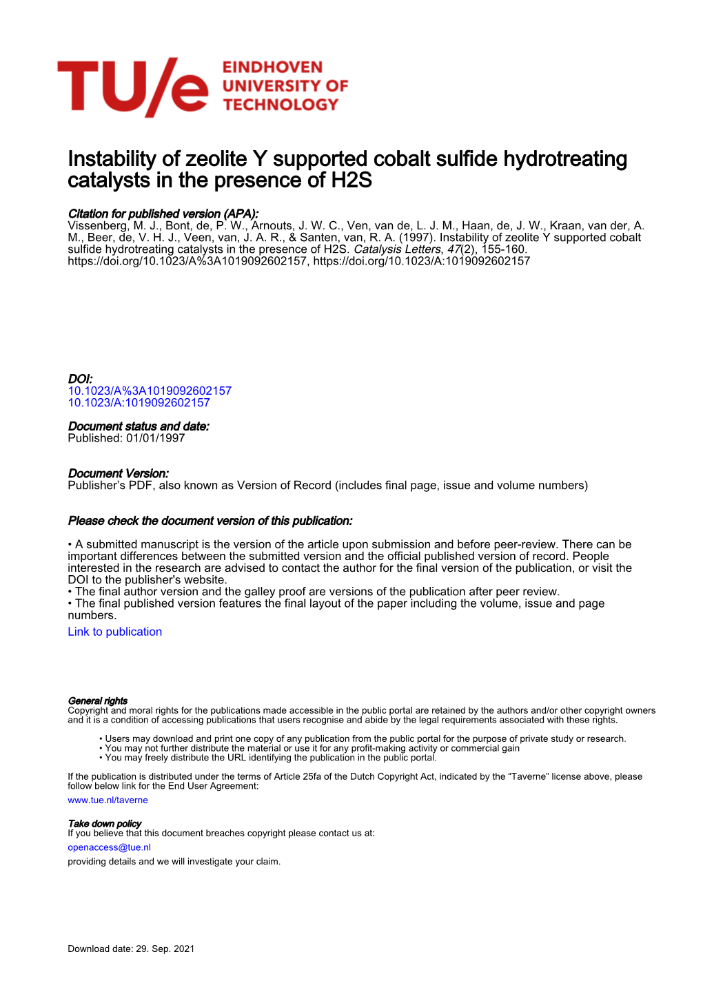 Instability of Zeolite Y Supported Cobalt Sulfide Hydrotreating Catalysts in the Presence of H2S