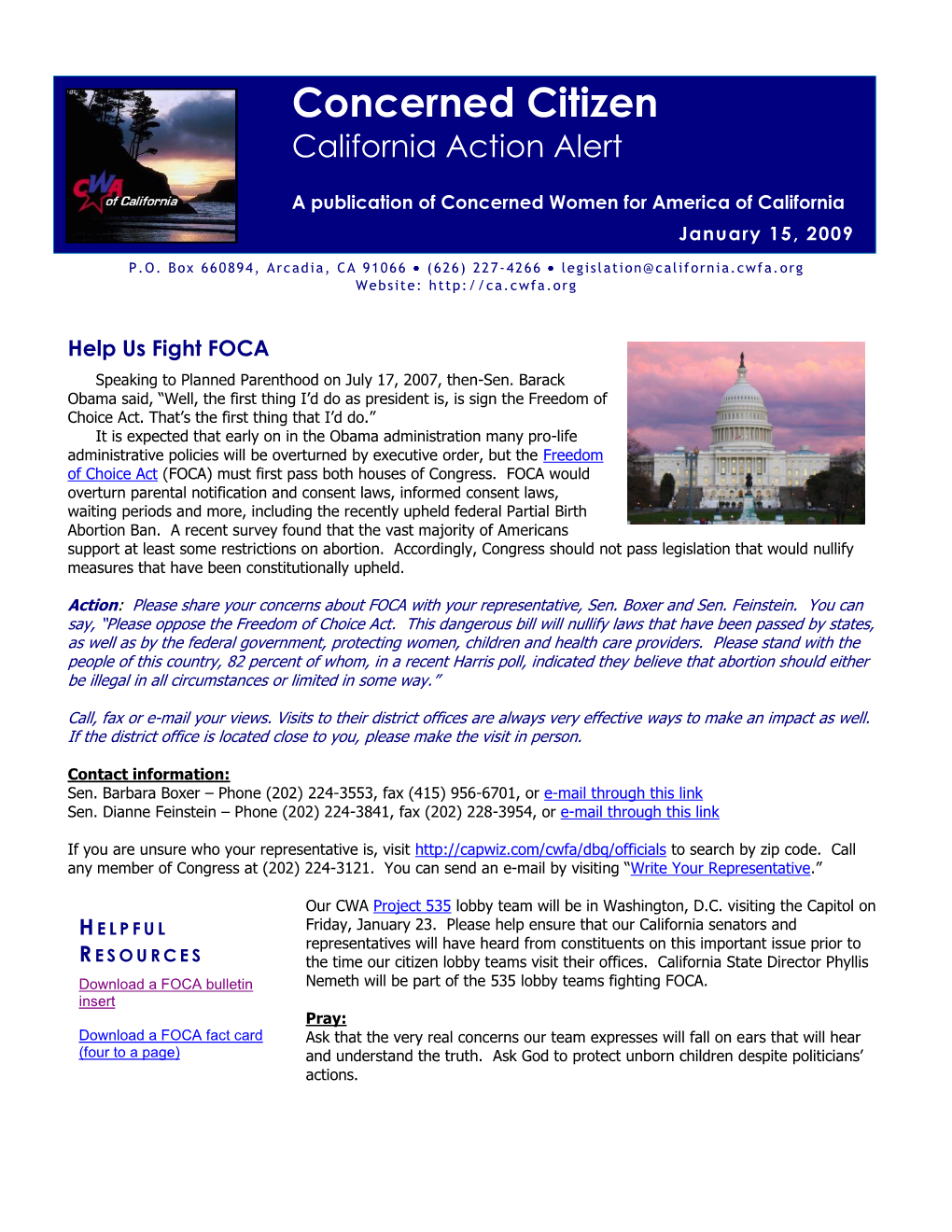 Concerned Citizen California Action Alert