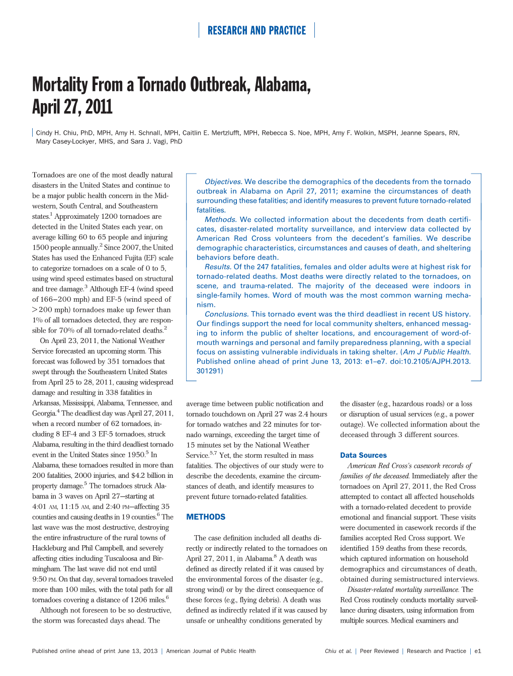 Mortality from a Tornado Outbreak, Alabama, April 27, 2011