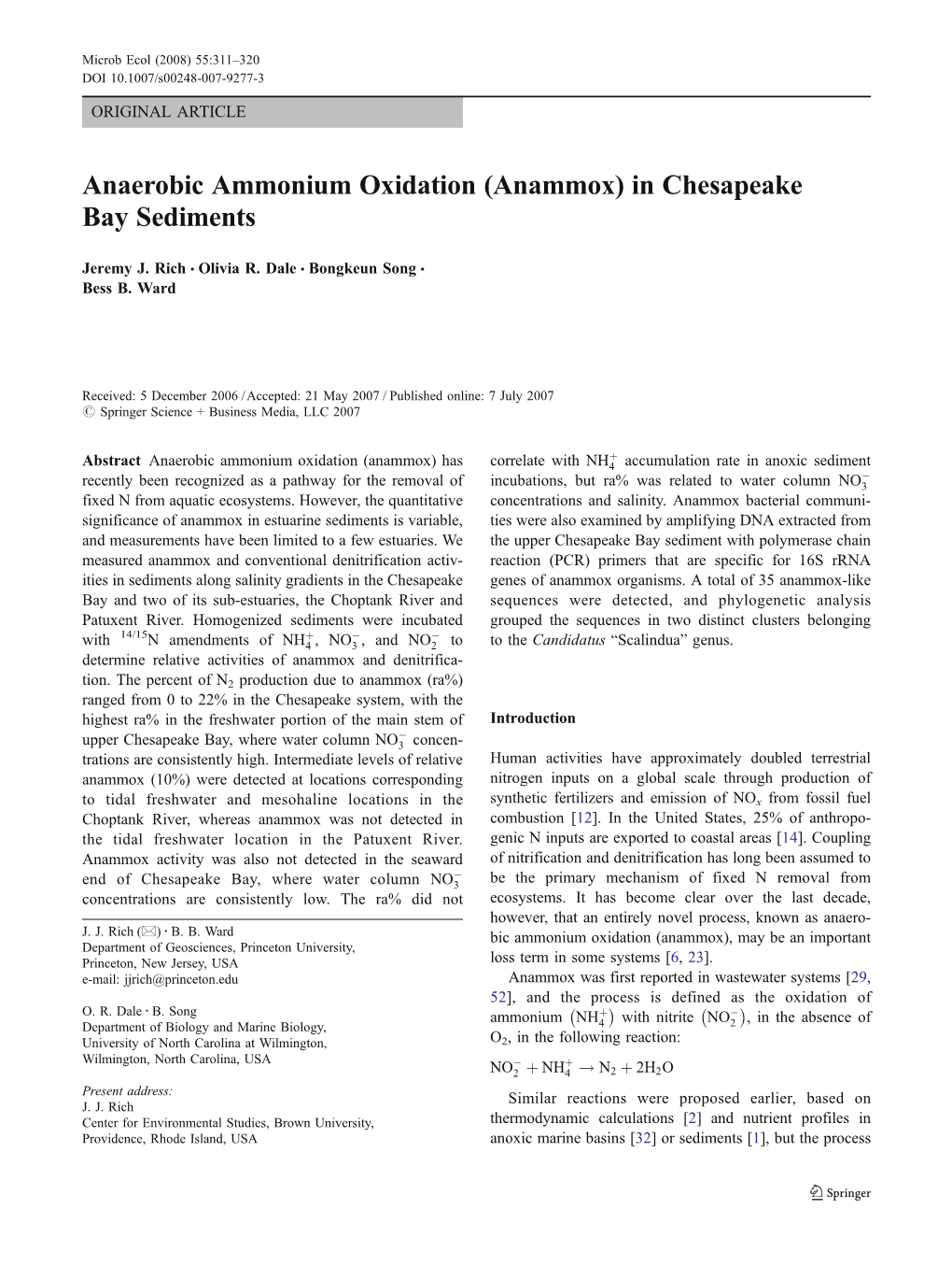 Anaerobic Ammonium Oxidation (Anammox) in Chesapeake Bay Sediments