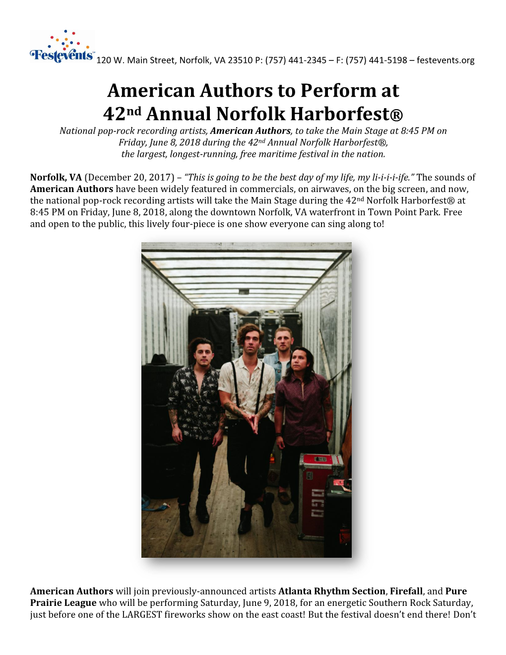 American Authors to Perform at 42Nd Annual Norfolk Harborfest®