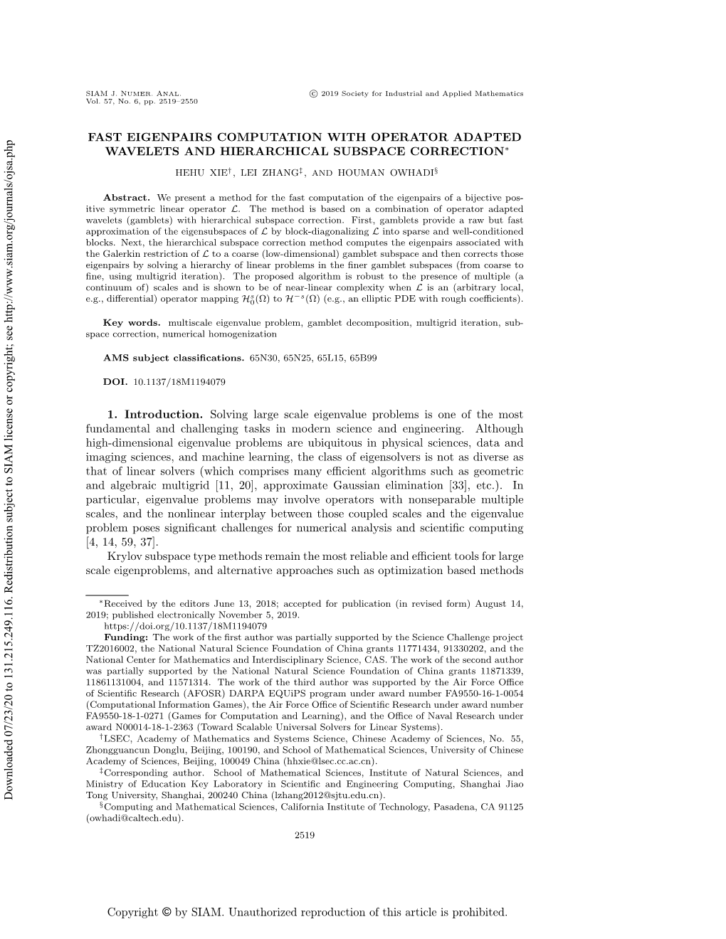 Fast Eigenpairs Computation with Operator Adapted Wavelets and Hierarchical Subspace Correction | SIAM Journal on Numerical Anal