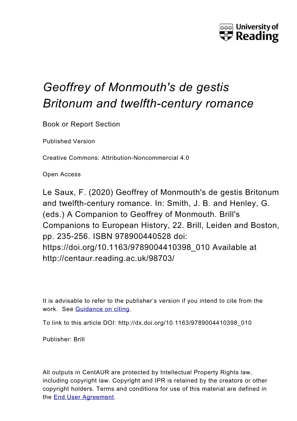 Geoffrey of Monmouth's De Gestis Britonum and Twelfth-Century Romance