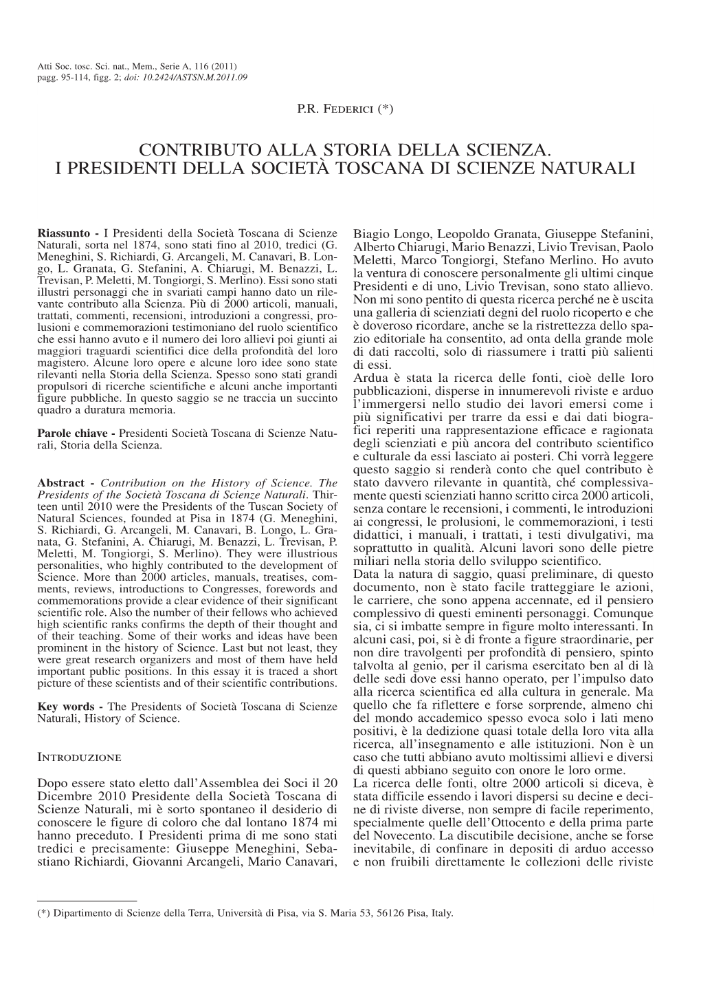 Contributo Alla Storia Della Scienza. I Presidenti Della Società Toscana Di Scienze Naturali