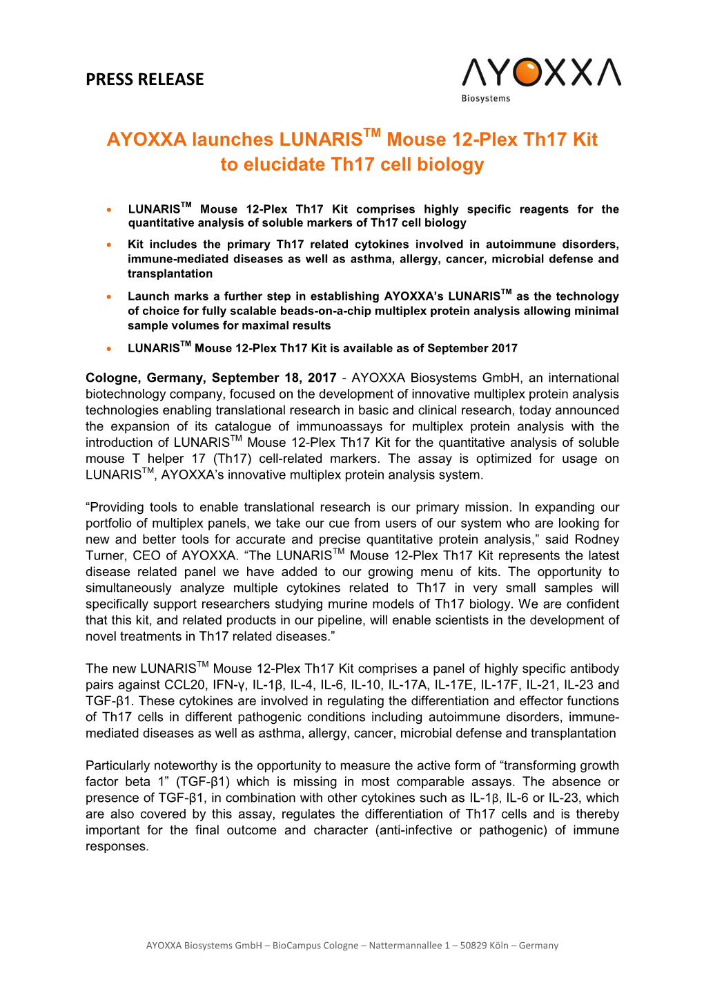 PRESS RELEASE AYOXXA Launches LUNARIS Mouse 12-Plex Th17 Kit to Elucidate Th17 Cell Biology