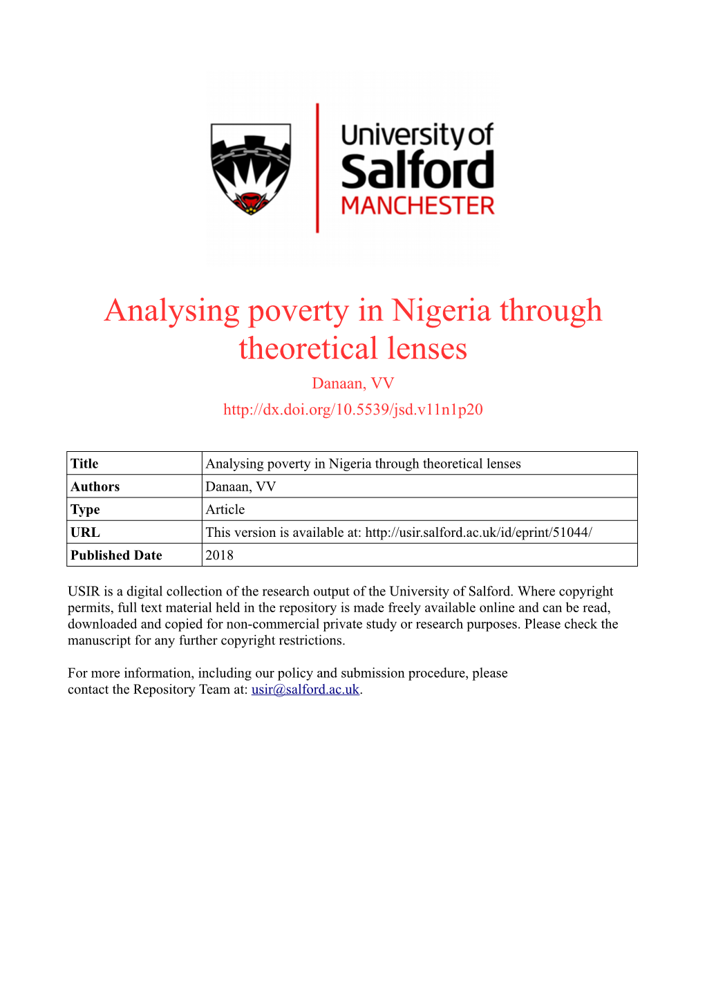 Analysing Poverty in Nigeria Through Theoretical Lenses Danaan, VV