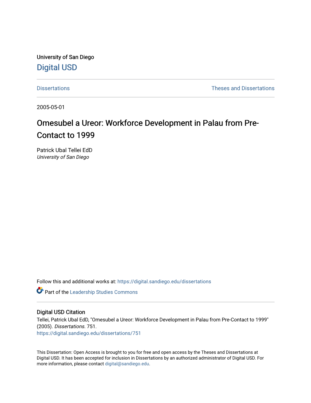 Workforce Development in Palau from Pre-Contact to 1999