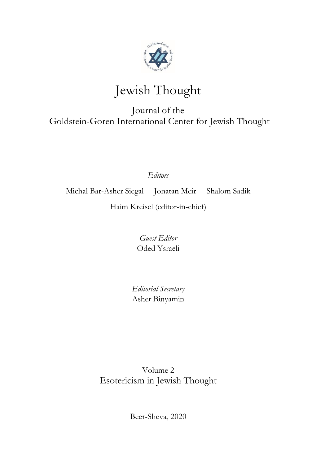 Jewish Thought Journal of the Goldstein-Goren International Center for Jewish Thought