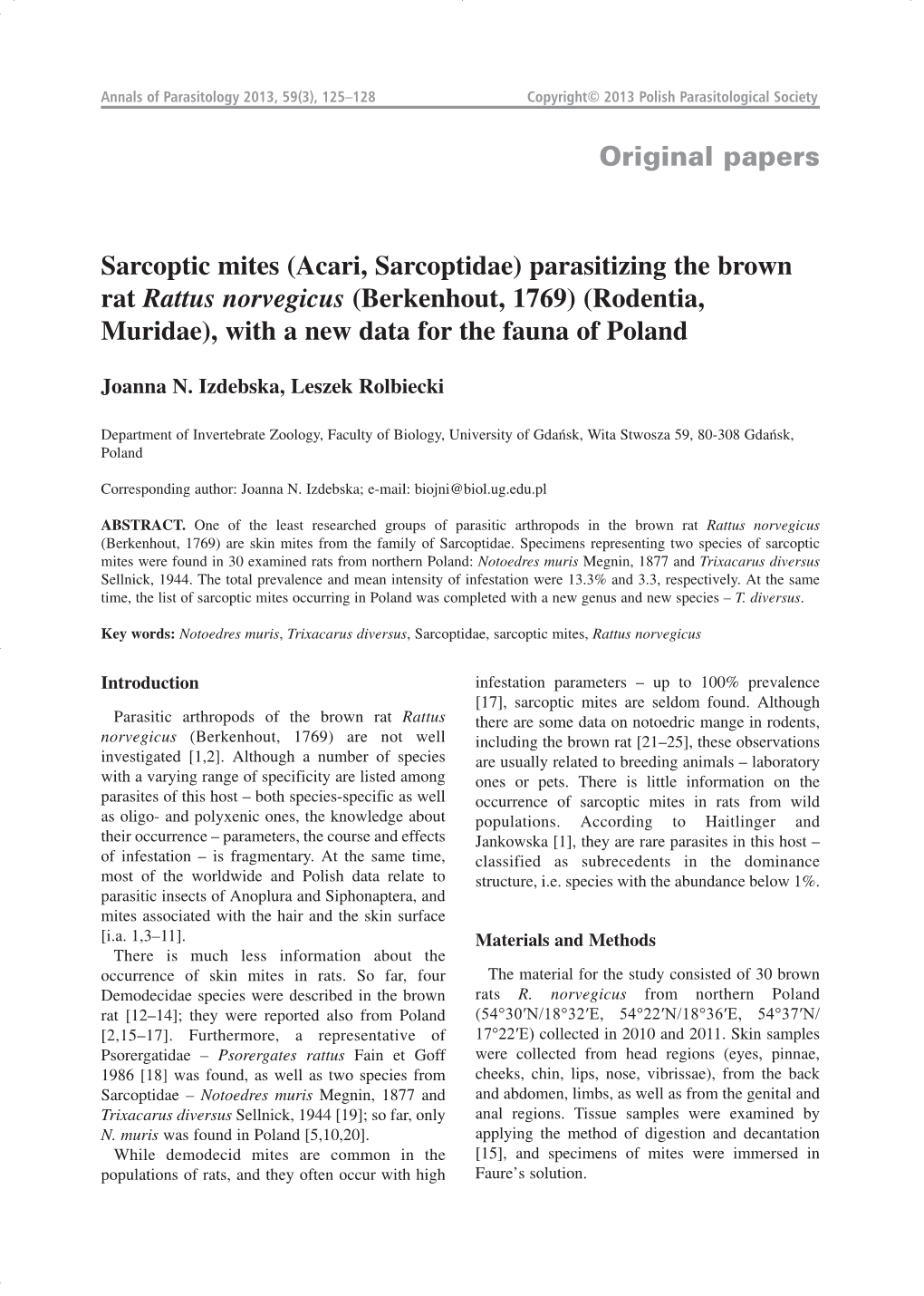 Original Papers Sarcoptic Mites (Acari, Sarcoptidae) Parasitizing The