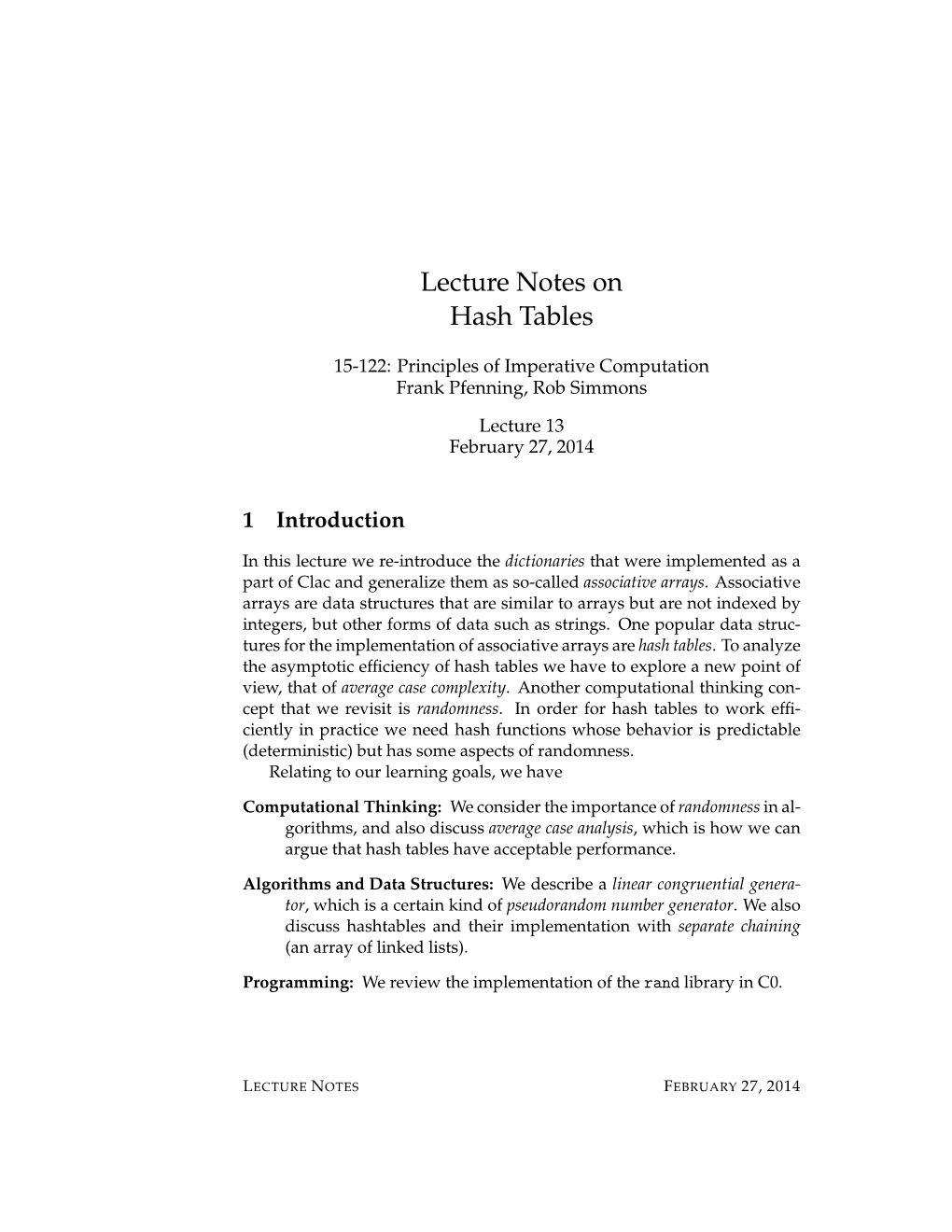 Lecture Notes on Hash Tables
