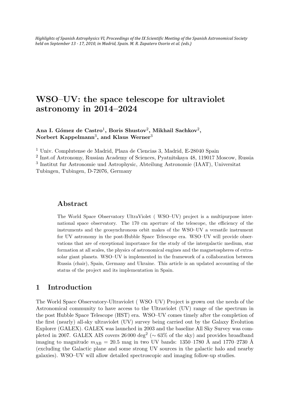 WSO–UV: the Space Telescope for Ultraviolet Astronomy in 2014–2024