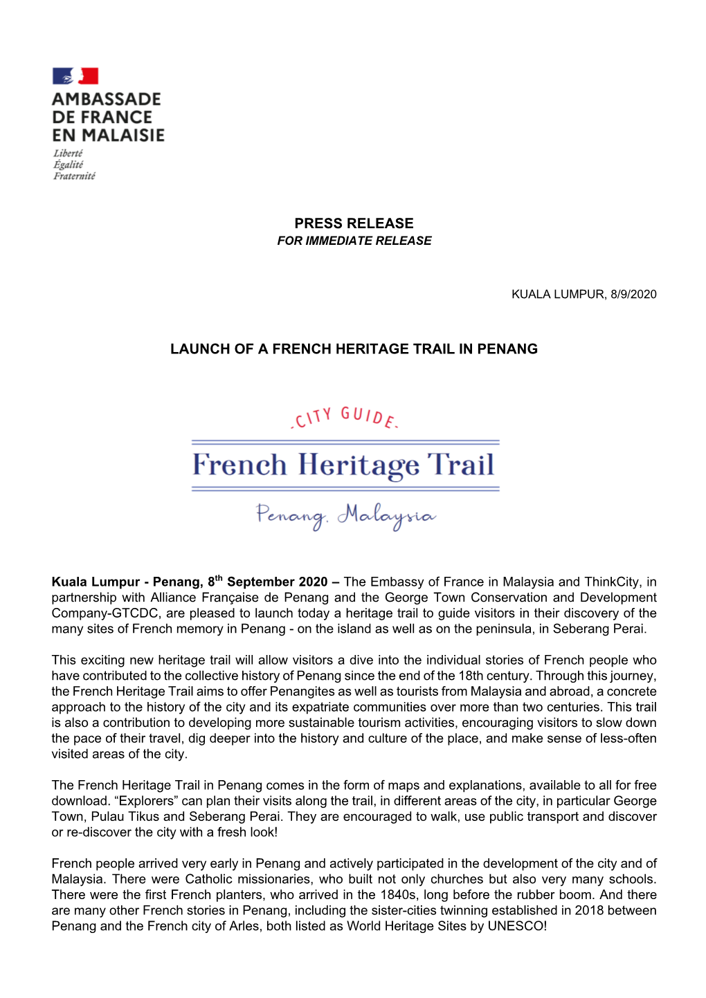 Press Release Launch of a French Heritage Trail In