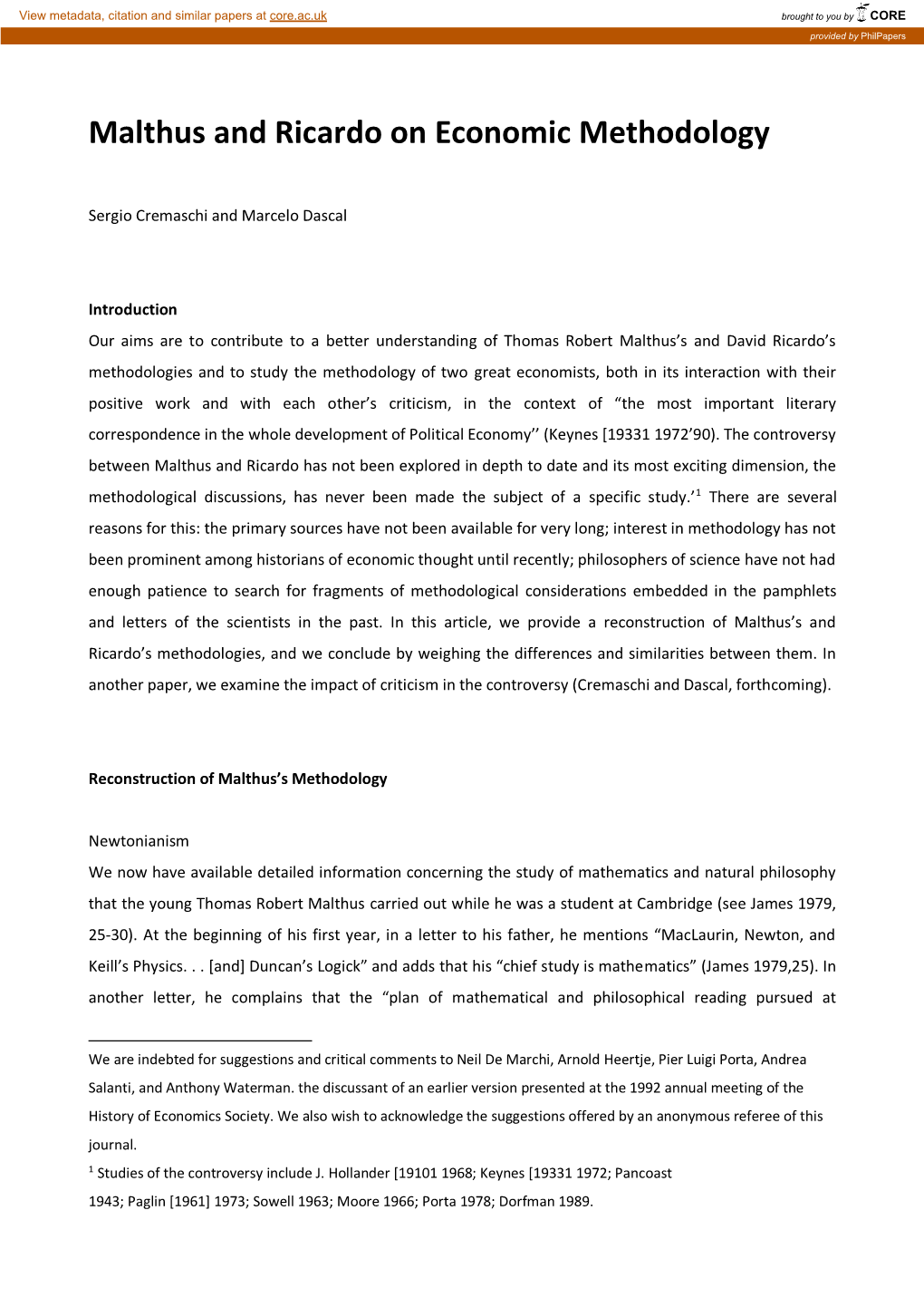 Malthus and Ricardo on Economic Methodology