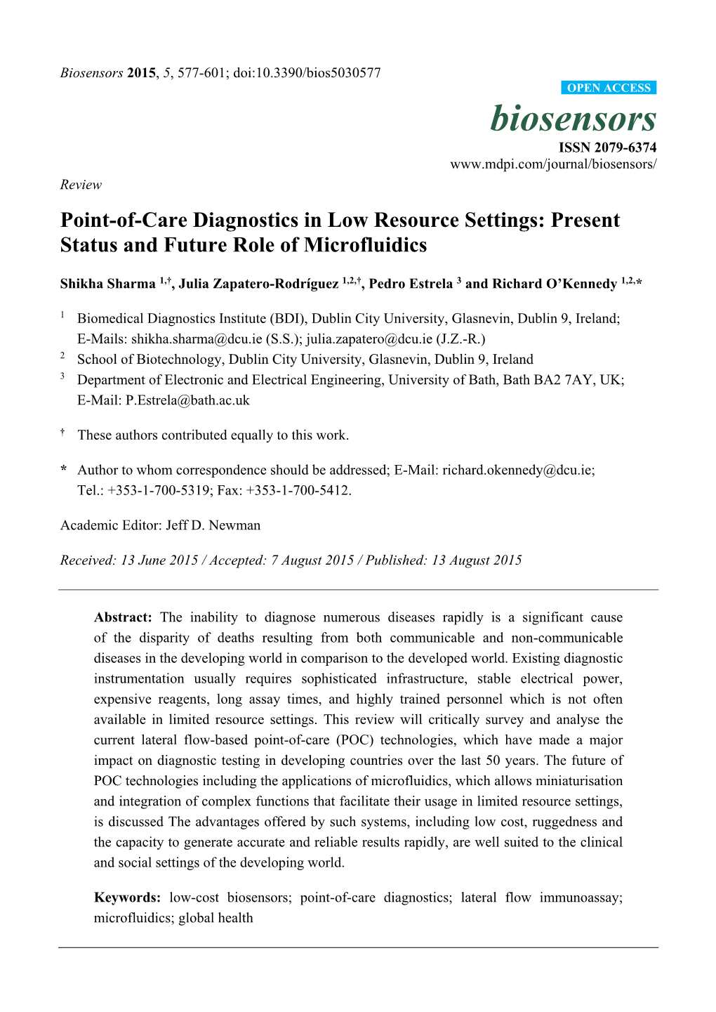 Point-Of-Care Diagnostics in Low Resource Settings: Present Status and Future Role of Microfluidics