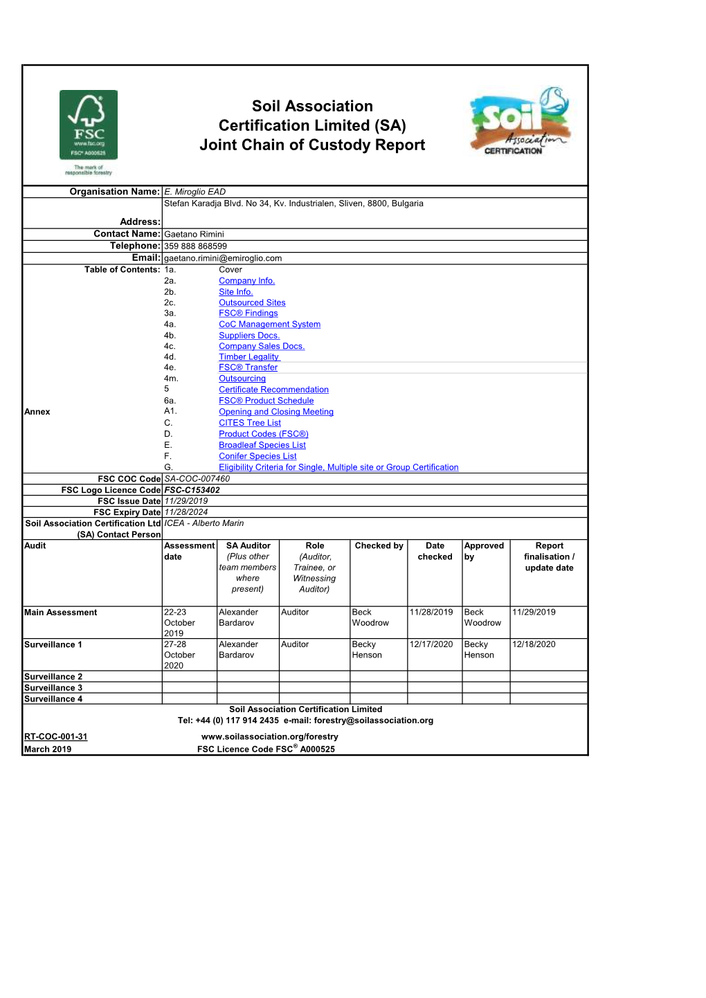 Soil Association Certification Limited (SA) Joint Chain of Custody Report