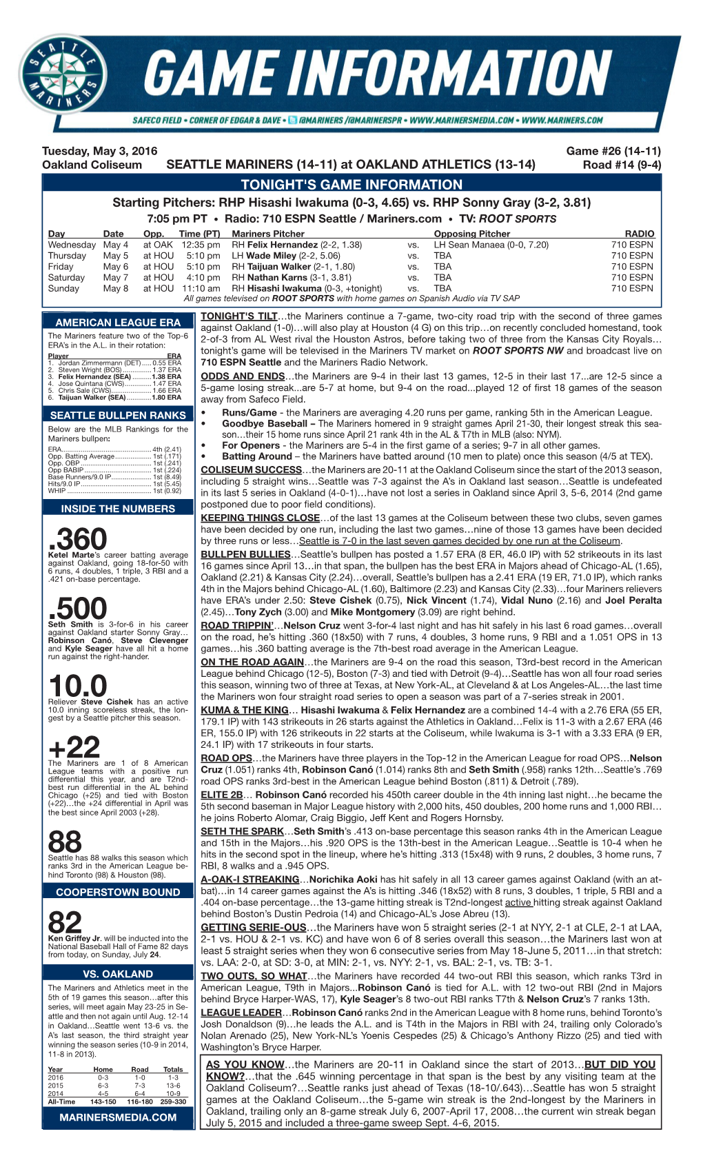 05-03-2016 Mariners Game Notes