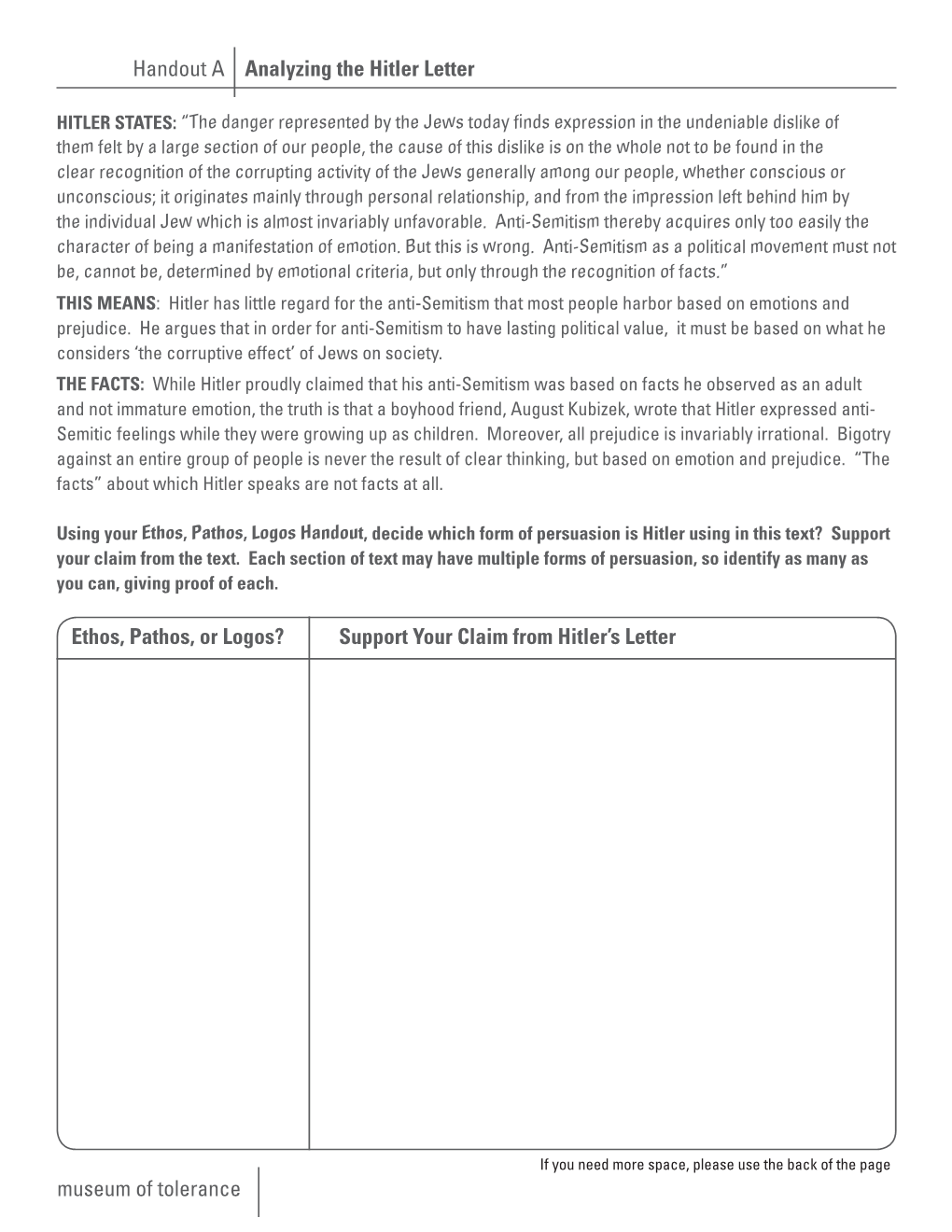 Handout a Analyzing the Hitler Letter Ethos, Pathos, Or Logos?