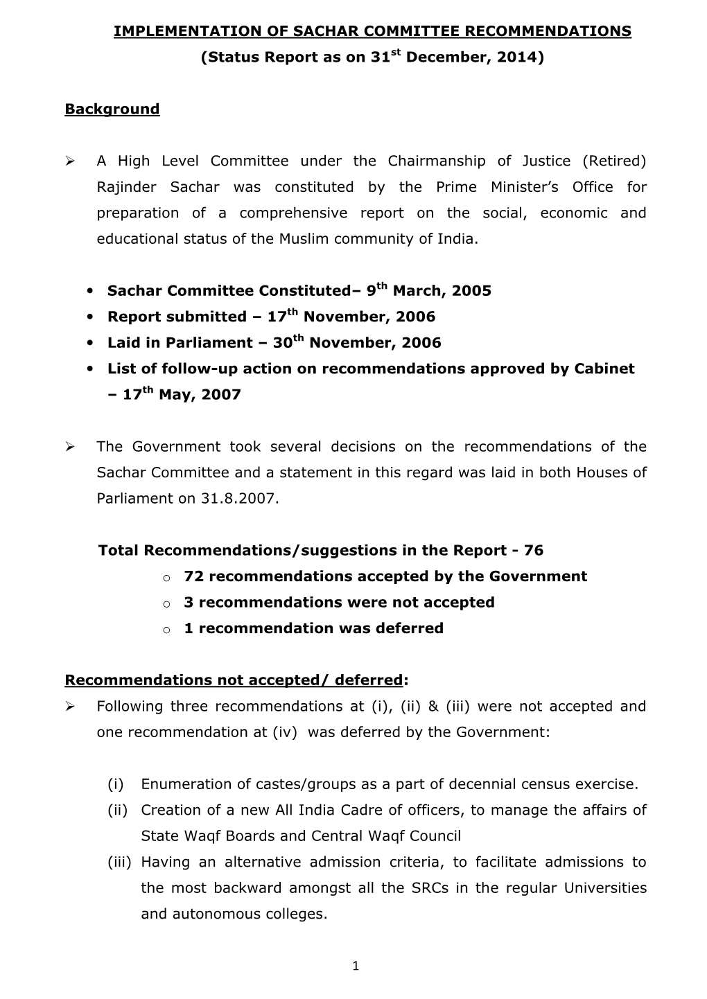 IMPLEMENTATION of SACHAR COMMITTEE RECOMMENDATIONS (Status Report As on 31St December, 2014)