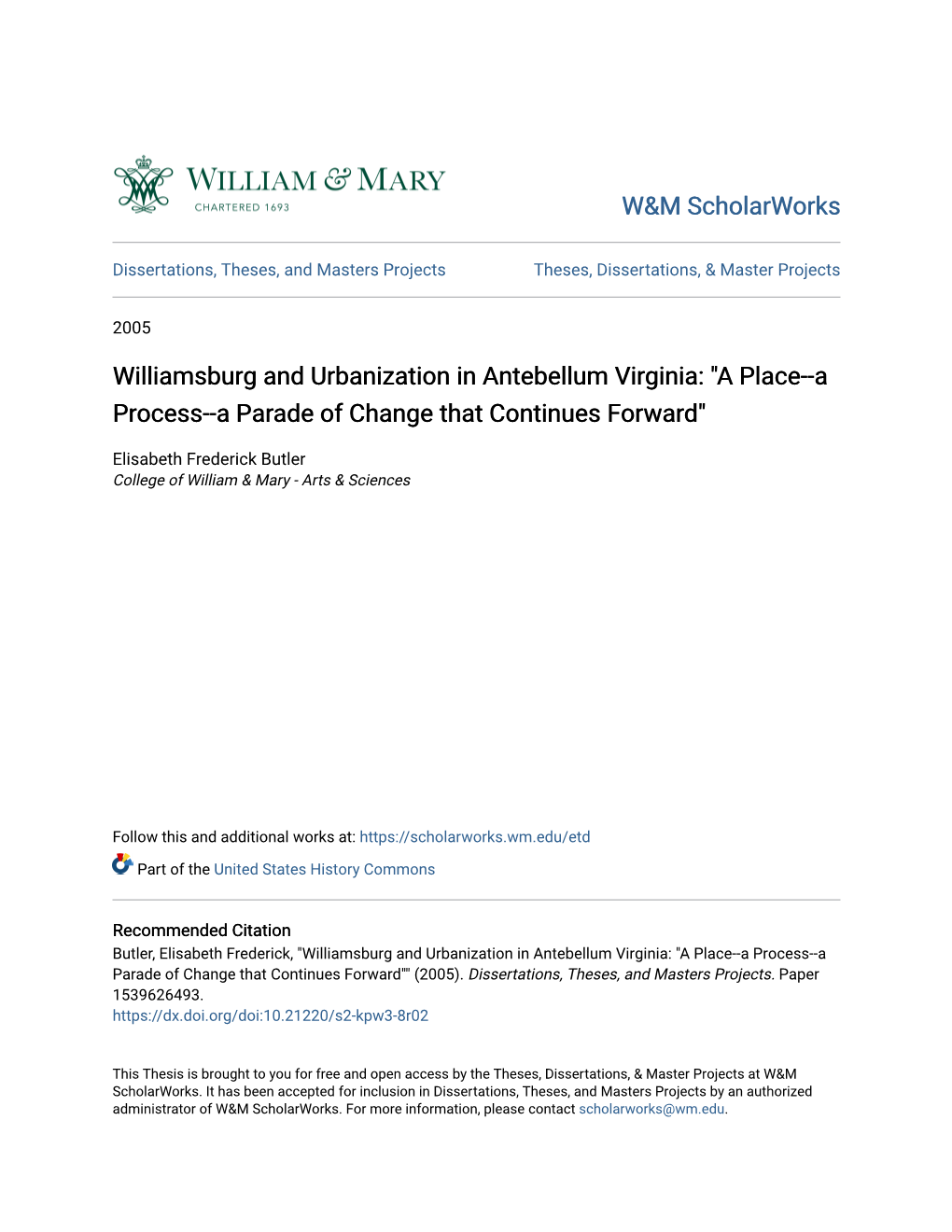 Williamsburg and Urbanization in Antebellum Virginia: 