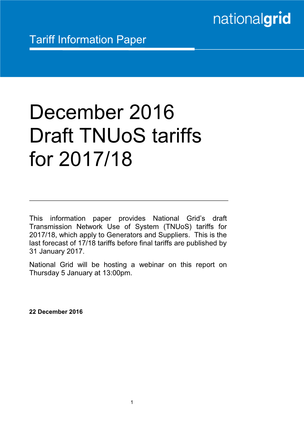 December 2016 Draft Tnuos Tariffs for 2017/18