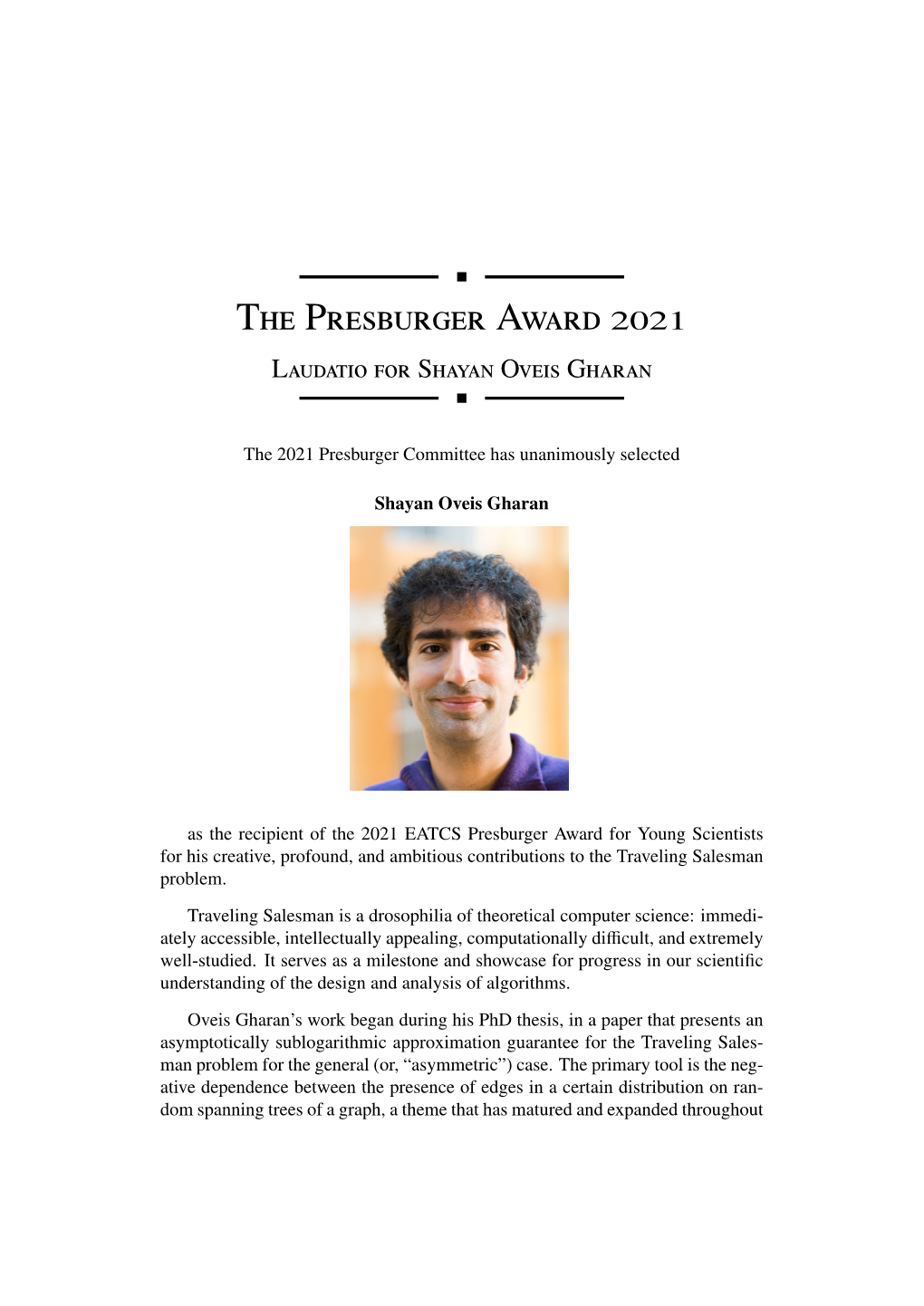 The Presburger Award 2021 Laudatio for Shayan Oveis Gharan