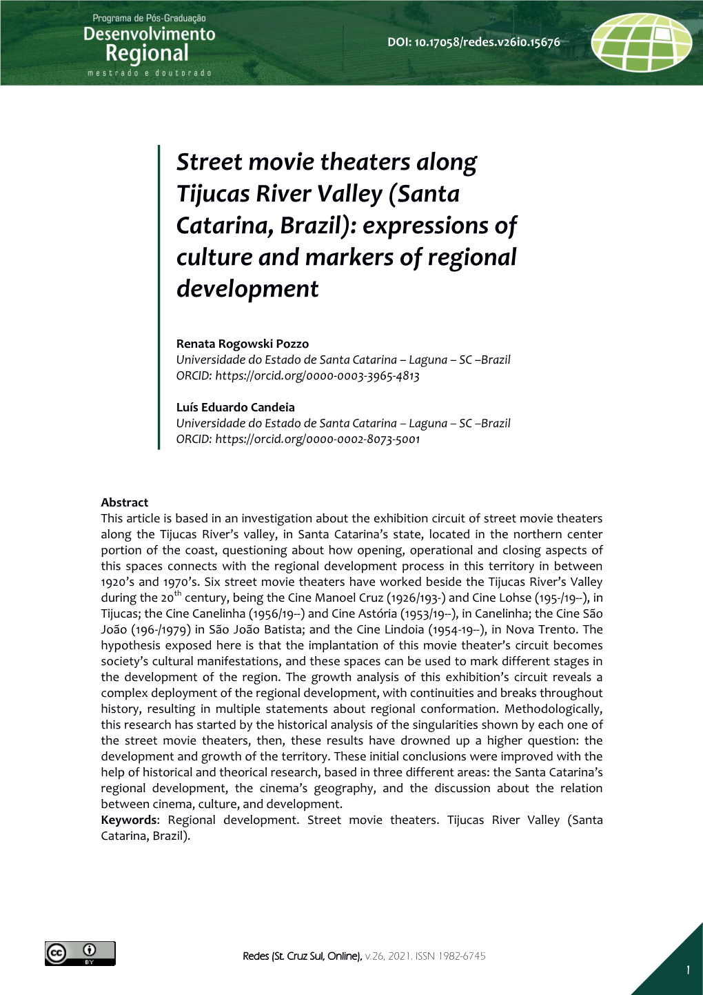 Street Movie Theaters Along Tijucas River Valley (Santa Catarina, Brazil): Expressions of Culture and Markers of Regional Development