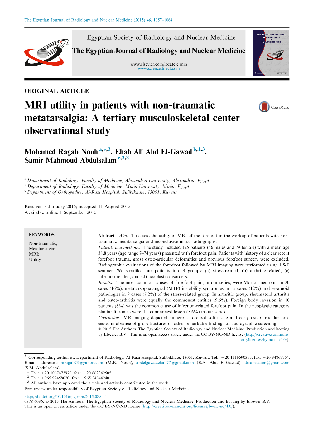 MRI Utility in Patients with Non-Traumatic Metatarsalgia: a Tertiary Musculoskeletal Center Observational Study