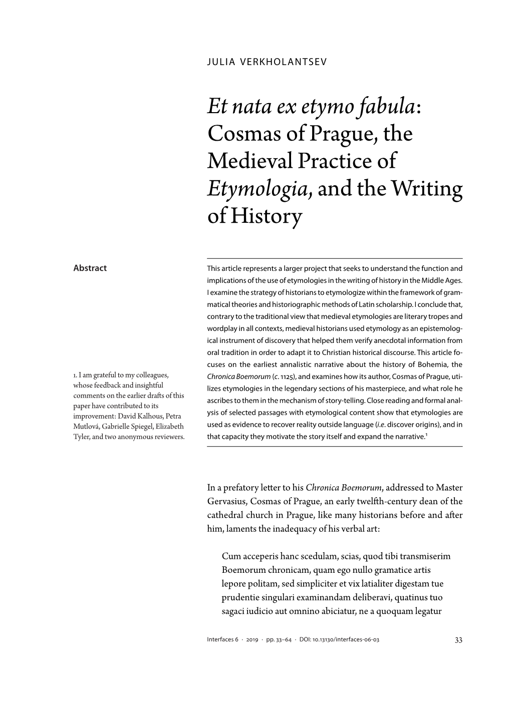 Cosmas of Prague, the Medieval Practice of Etymologia, and the Writing of History