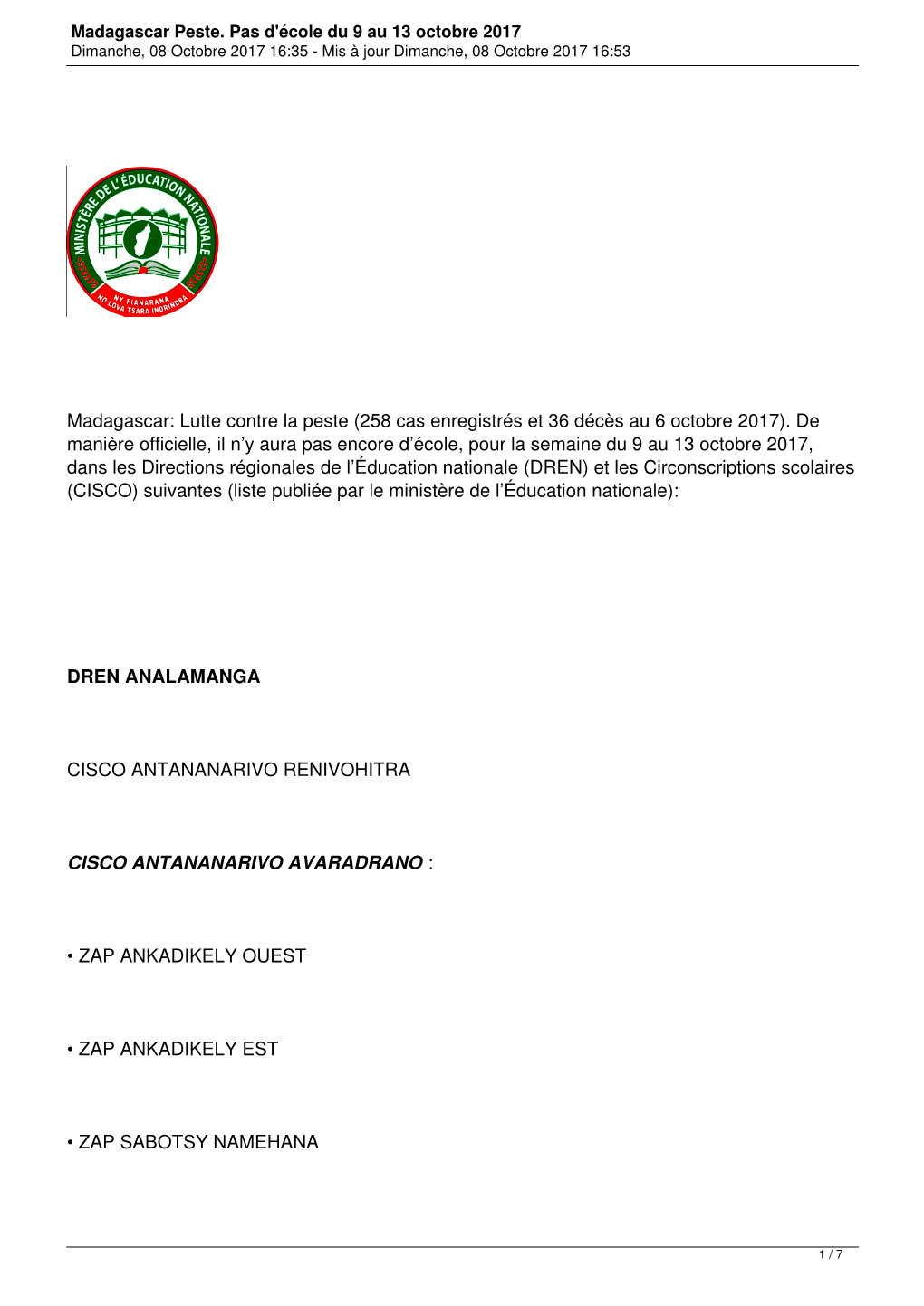 Madagascar Peste. Pas D'école Du 9 Au 13 Octobre 2017 Dimanche, 08 Octobre 2017 16:35 - Mis À Jour Dimanche, 08 Octobre 2017 16:53
