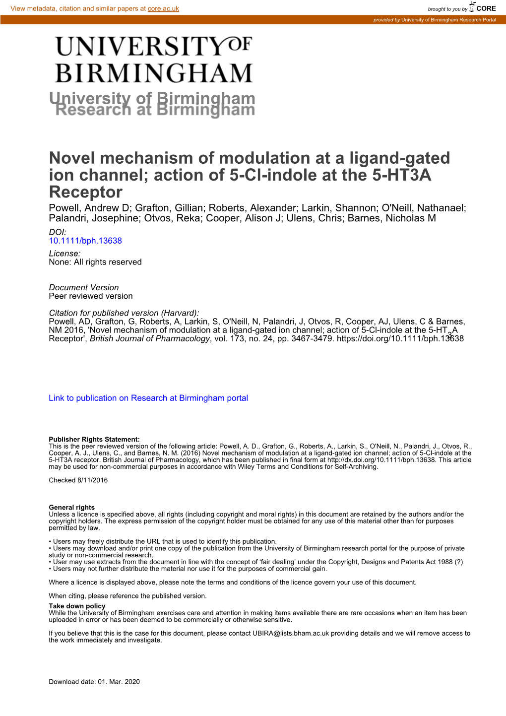 University of Birmingham Novel Mechanism of Modulation