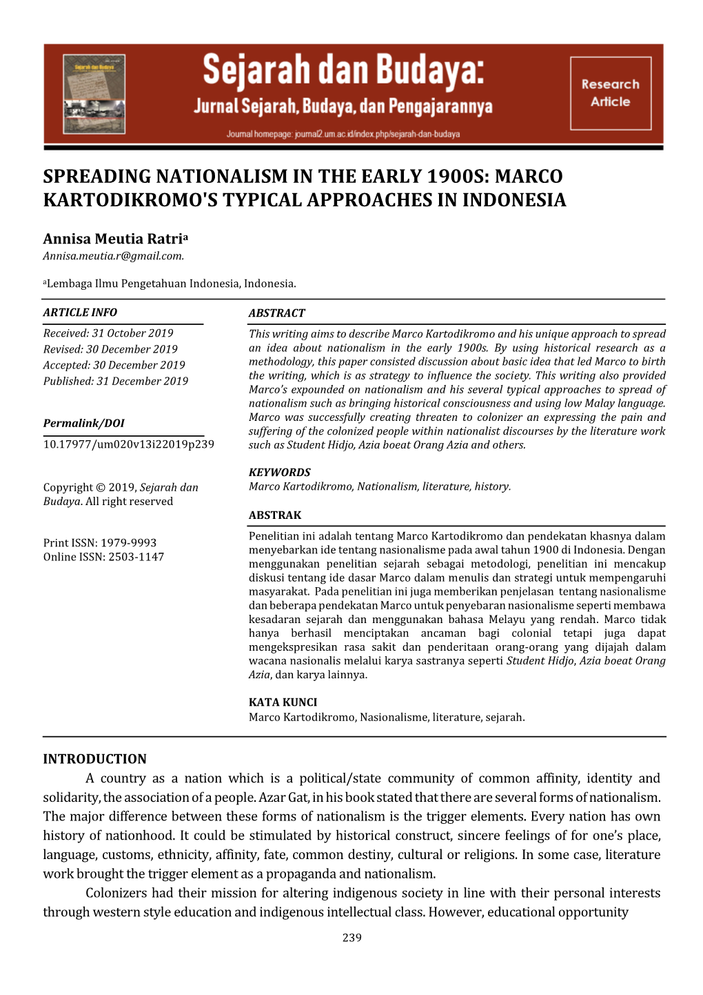 Spreading Nationalism in the Early 1900S: Marco Kartodikromo's Typical Approaches in Indonesia