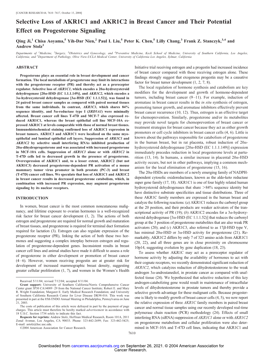 Selective Loss of AKR1C1 and AKR1C2 in Breast Cancer and Their Potential Effect on Progesterone Signaling