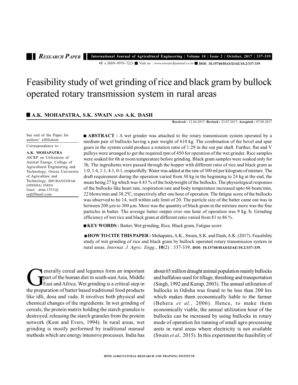 Feasibility Study of Wet Grinding of Rice and Black Gram by Bullock Operated Rotary Transmission System in Rural Areas