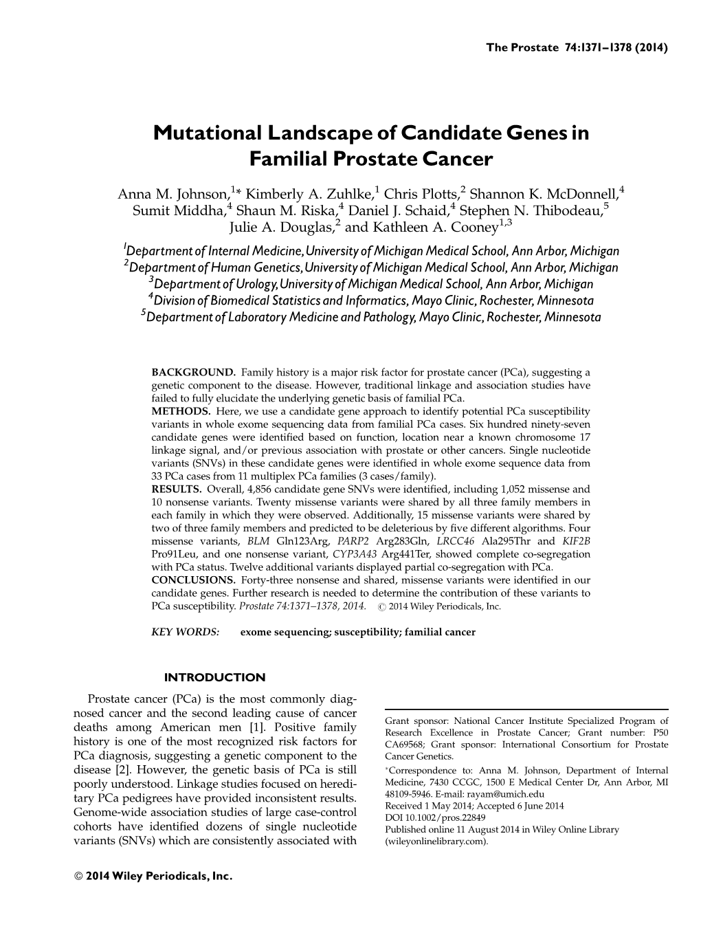 Mutational Landscape of Candidate Genes in Familial Prostate Cancer