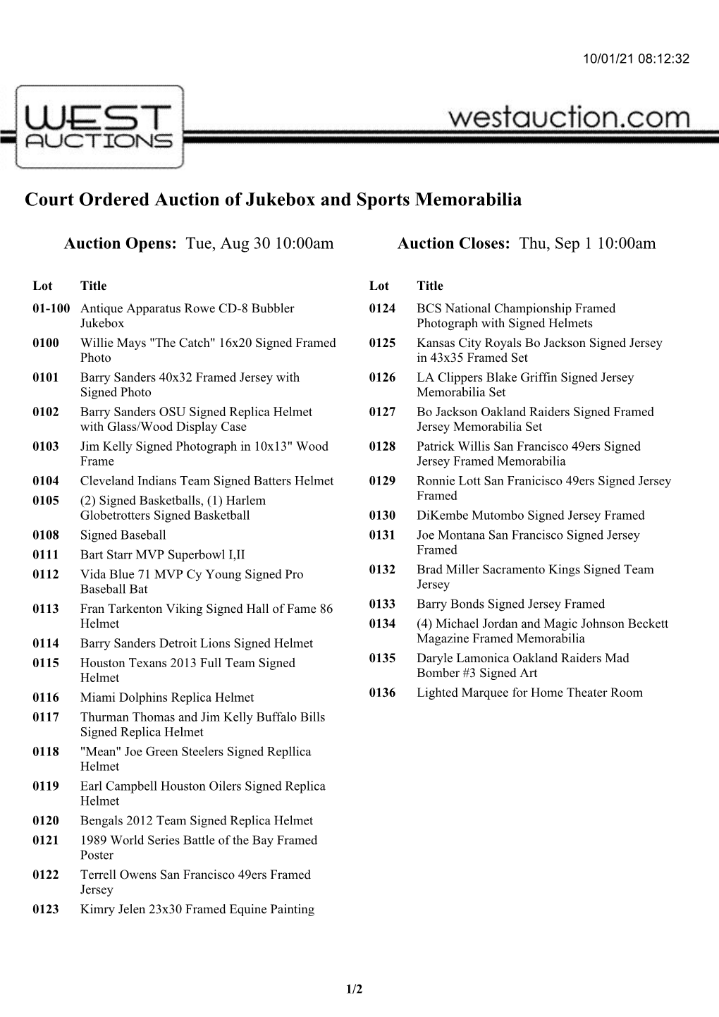 Court Ordered Auction of Jukebox and Sports Memorabilia
