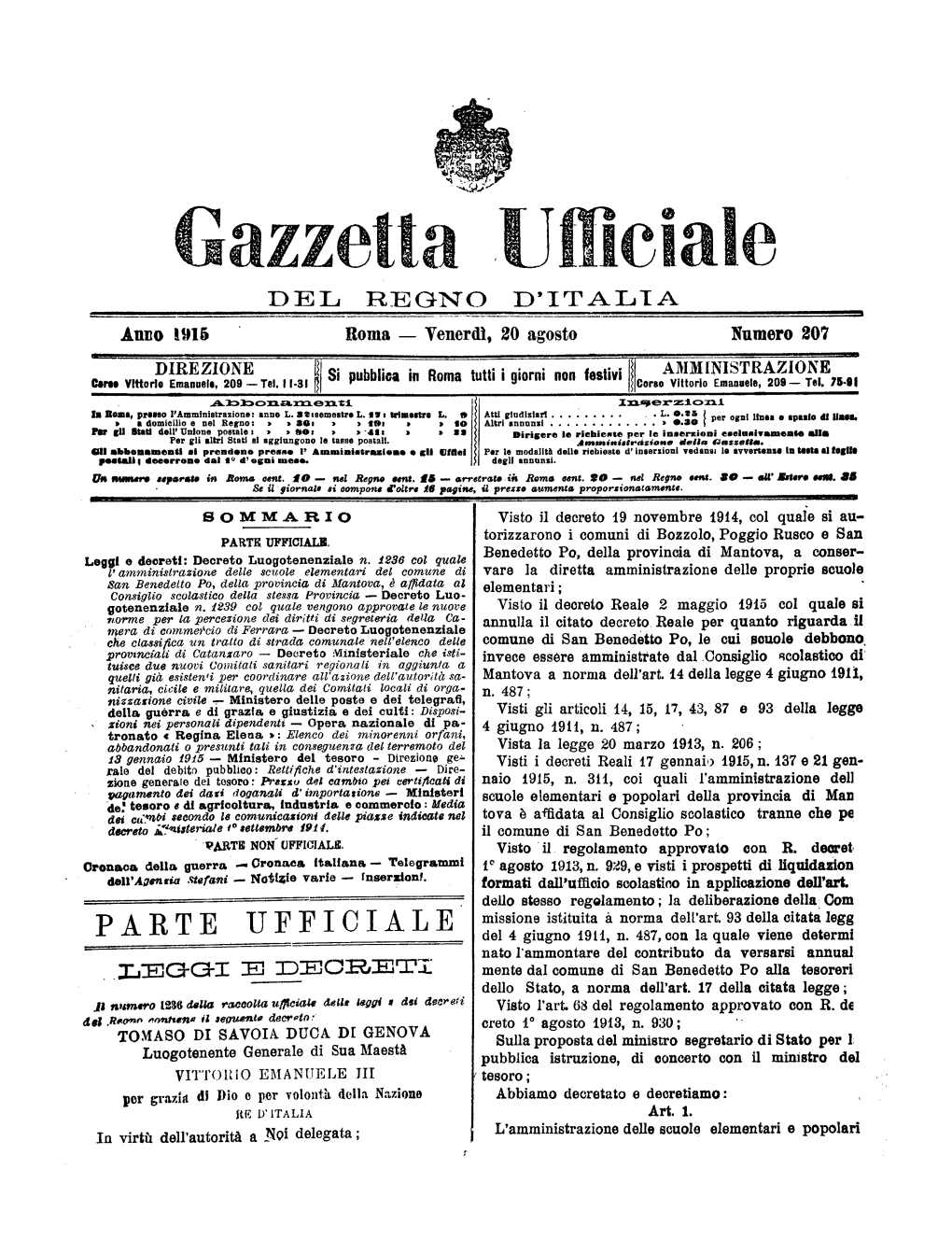 Gazzetta Ufficiale Del Regno D'italia N. 207 Del 20 Agosto 1915 Parte