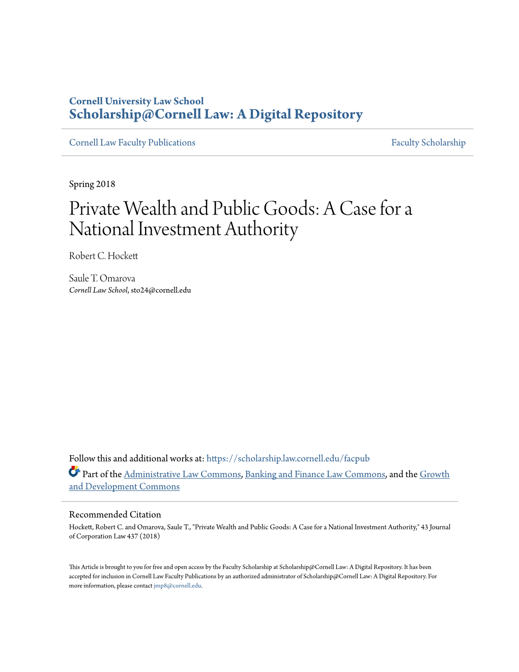 Private Wealth and Public Goods: a Case for a National Investment Authority Robert C