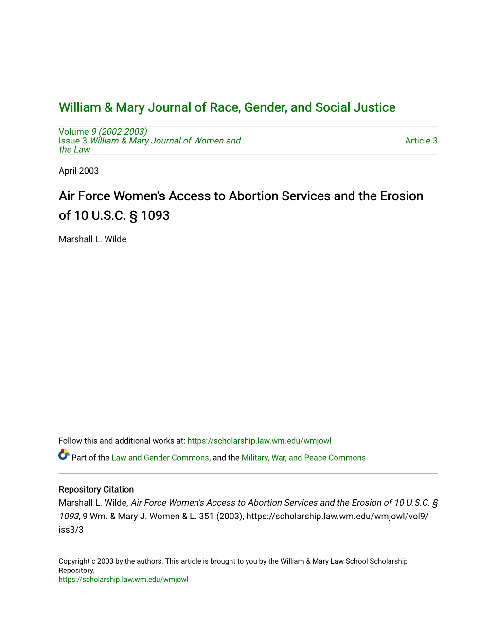 Air Force Women's Access to Abortion Services and the Erosion of 10 U.S.C
